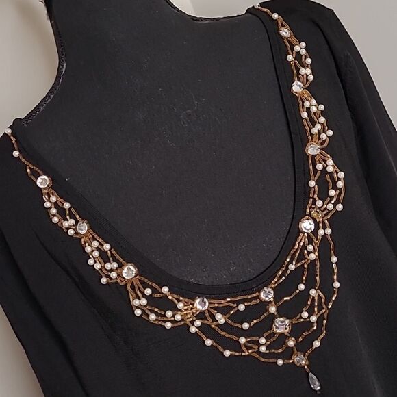 Papell studio black tunic with faux pearls and rhinestone embellishments, - Picture 2 of 9